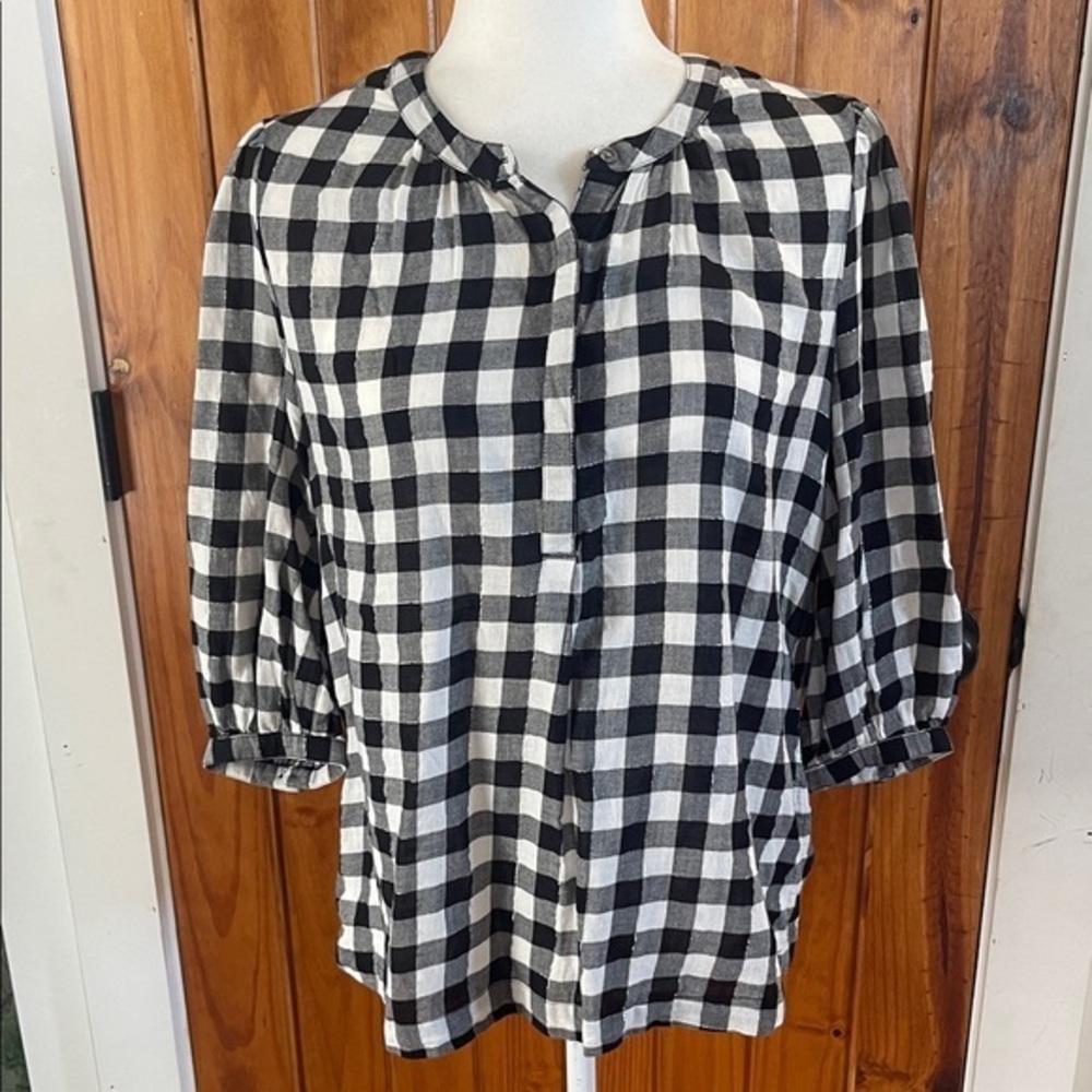 Style & Co Gingham Plaid 3/4 Sleeve Top Small Black white popover Henley Cotton
